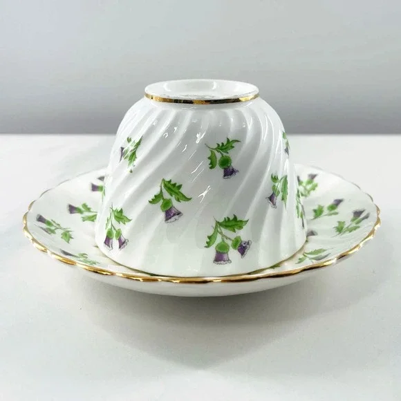 AYNSLEY BONE CHINA TEACUP & SAUCER SET / PURPLE THISTLE / MADE IN ENGLAND - Picture 4 of 10